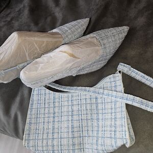 Blue Tweed Kitten Heels and Matching Bag Set